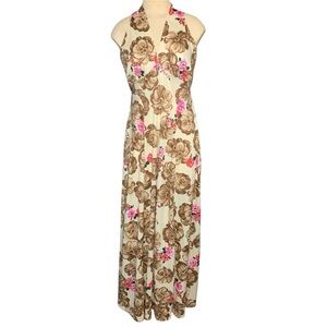 Vintage 70s Floral Maxi Dress Sundress Cream Brown Halter Neck Sz 13 Real S/M